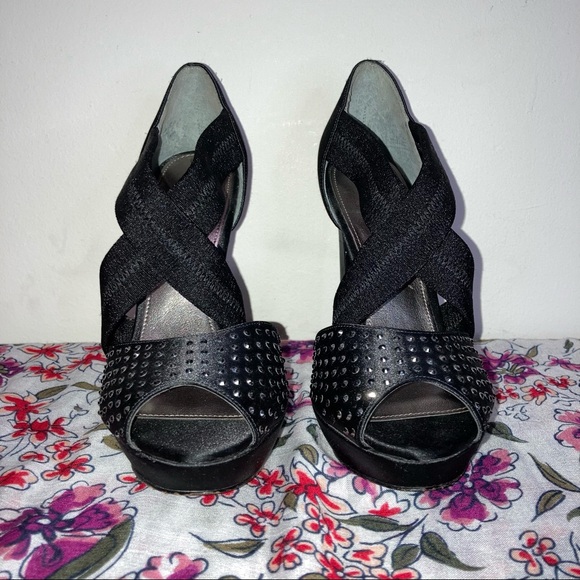 Nina New York Black Satin Rhinestone Platform Heels Thick Criss Cross Straps - Picture 4 of 12